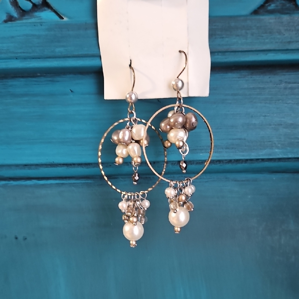 Sears Silver and Cream Pearl Hoop Earrings